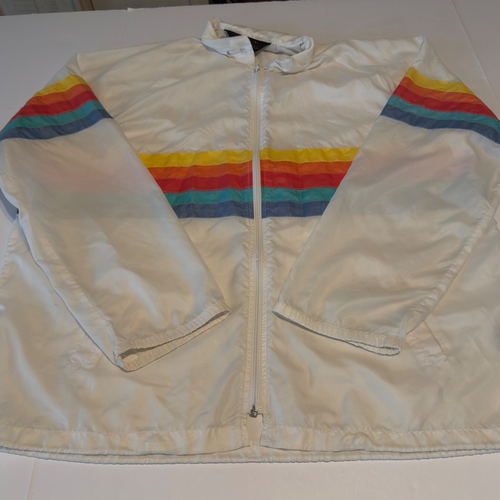 Vintage Sherry Miami Rainbow Stripe Windbreaker Jacket White Mens Large 80s Read